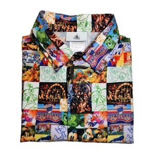 Disney Parks Button Up Shirt Mens Medium Patchwork Mickey Donald Goofy Resort